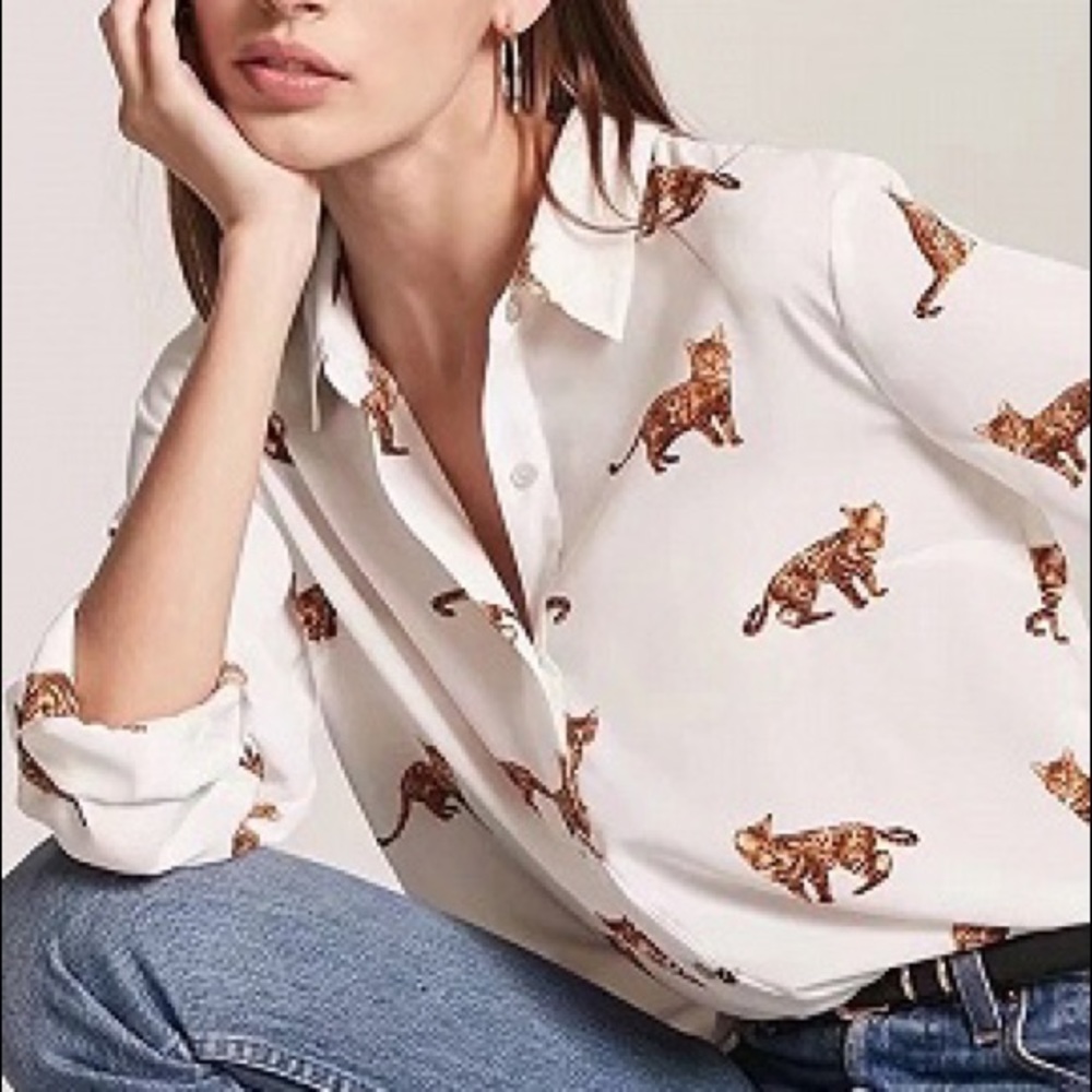 White Cat Print Button-Down Shirt
